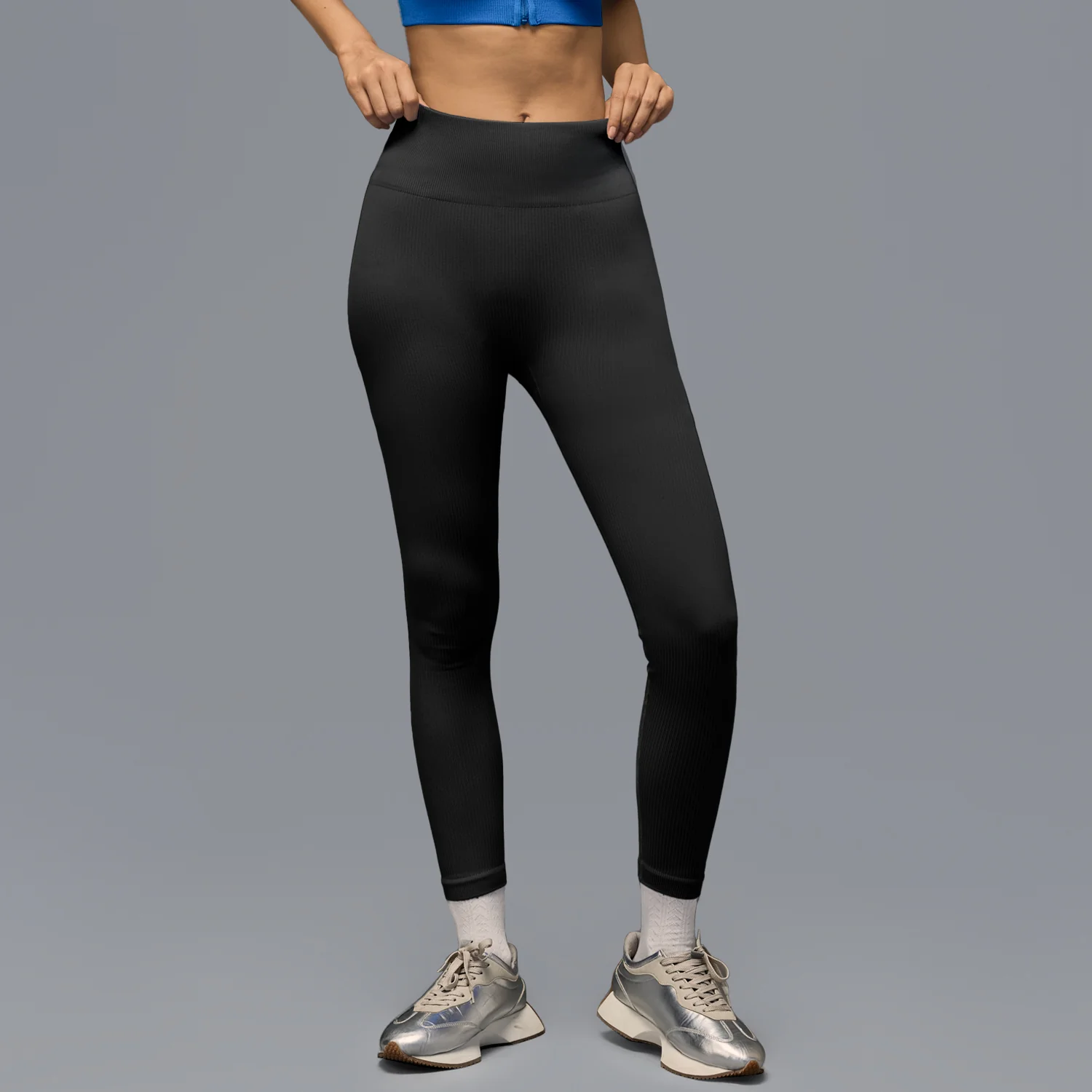 Limitless snatched mid waisted ribbed leggings - BLACK