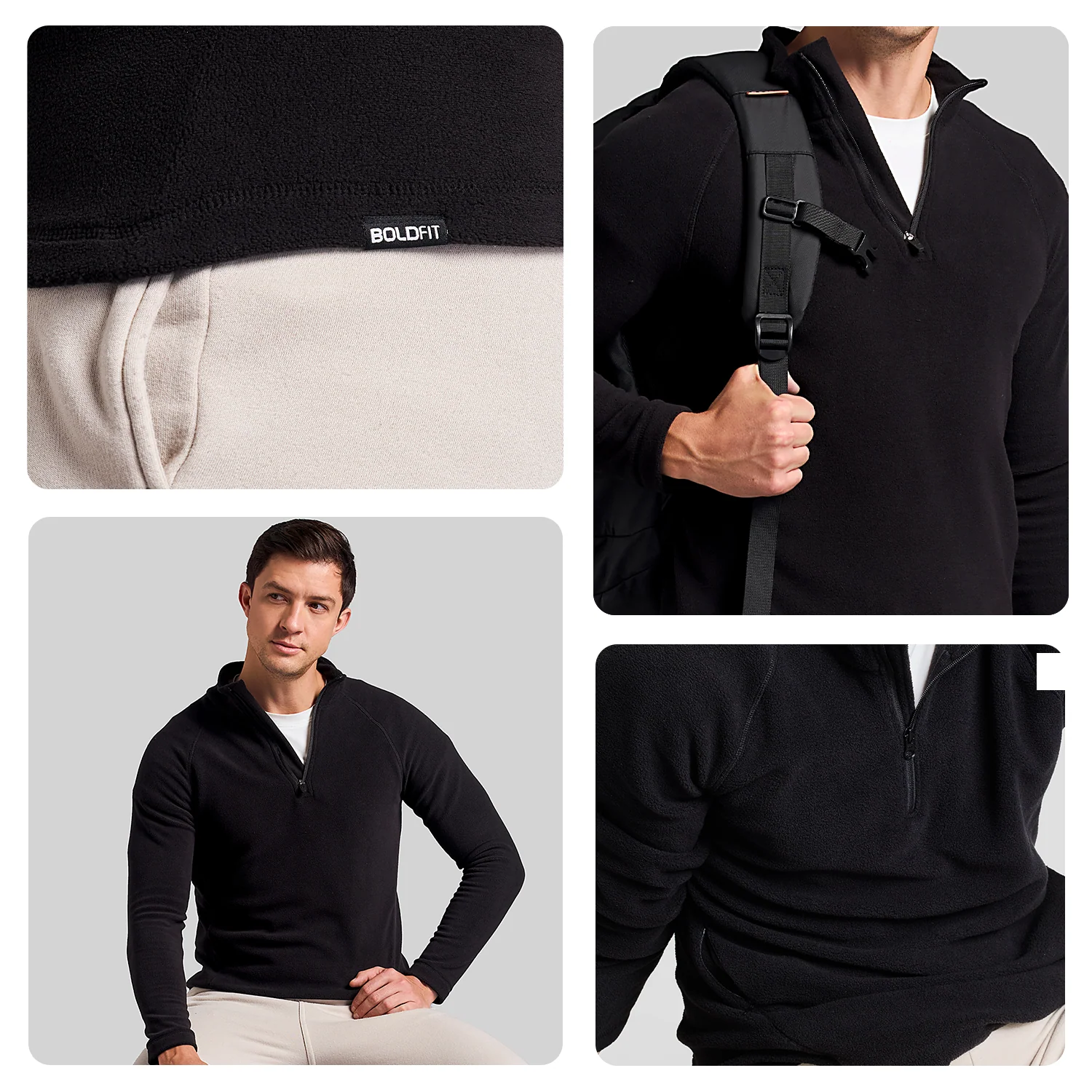 Mens Half Zip Sweatshirt Fleece - Black - Image 3