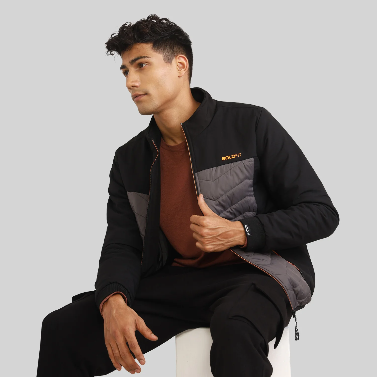 Mens Winter Bomber Jacket - Black/Grey without Cap - Image 3