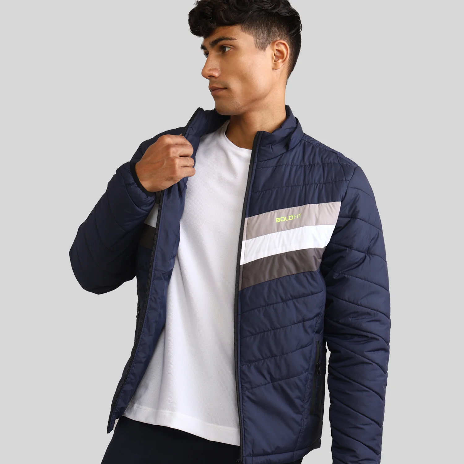 Mens Winter Bomber Jacket with Detachable Cap - Blue/White - Image 5